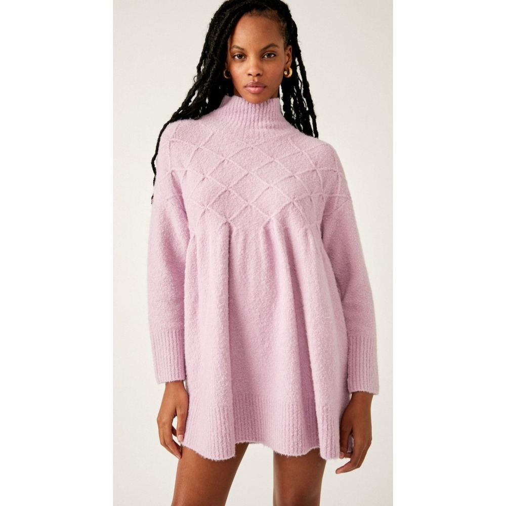 Free People Jaci Sweater Dress Mock Neck Knit Mini Dress Pink Long Sleeve Medium